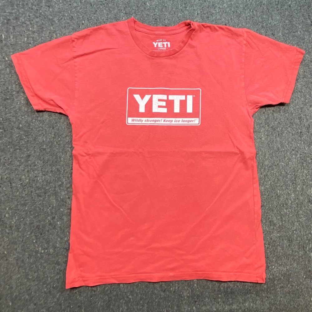 YETI TShirt Sz L Mens Red Gorpcore Outdoor Graphic Logo Wildly Stronger Tee